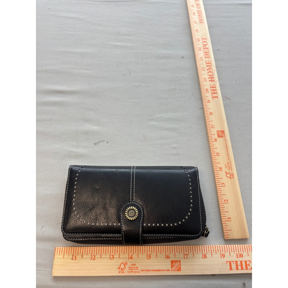 Black Faux Leather Accordion Wallet White Contrast Stitch Perforated Detail